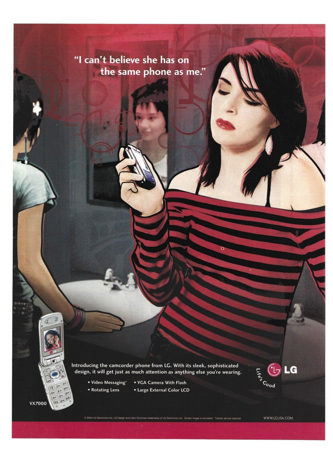 LG Electronics 2004 vintage print ad VX7000 Flip Phone- girls in bathroom scene