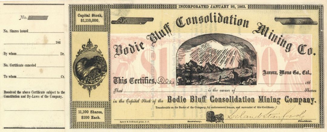 Leland Stanford signed Bodie Bluff Consolidation Mining Co. - 1860\'s circa Autog