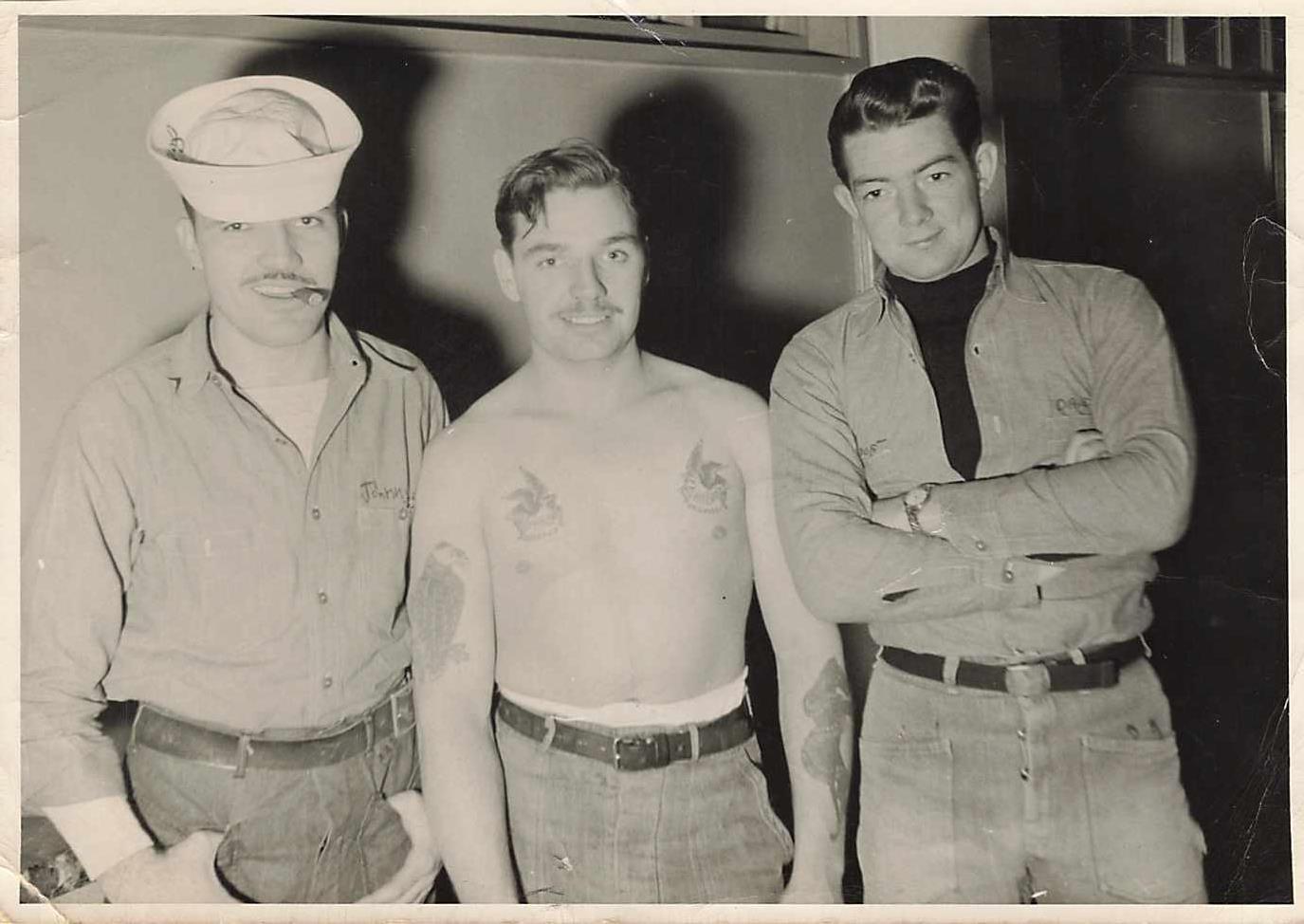 Vintage Photo 3 Navy Men Shirtless Tattoos Gay Int Club? 1940s - 50s RARE Cigar