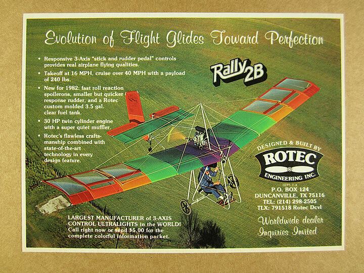 1982 ROTEC Rally 2B Ultralight Airplane aircraft flying photo vintage print Ad