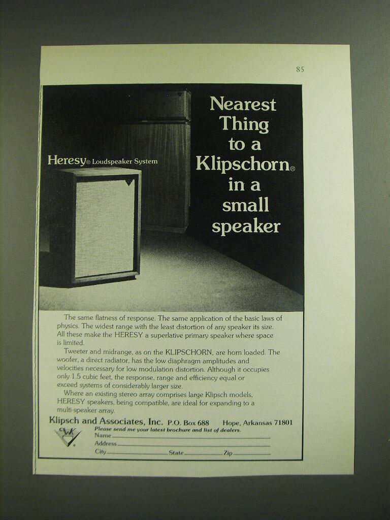 1974 Klipsch Heresy Loudspeaker System Ad - Nearest thing to a Klipschorn