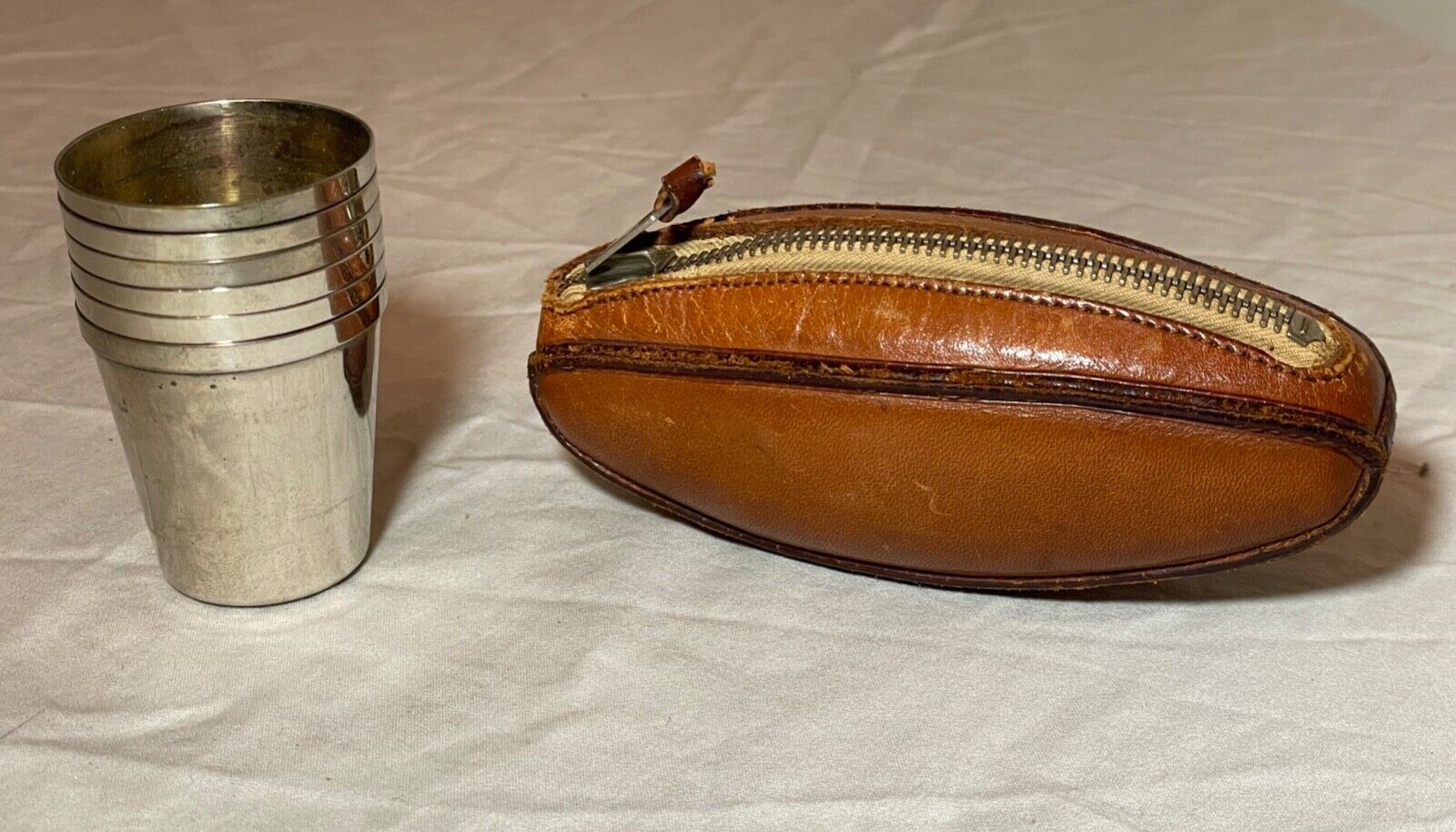 vintage German handmade leather football metal shot glass barware set case