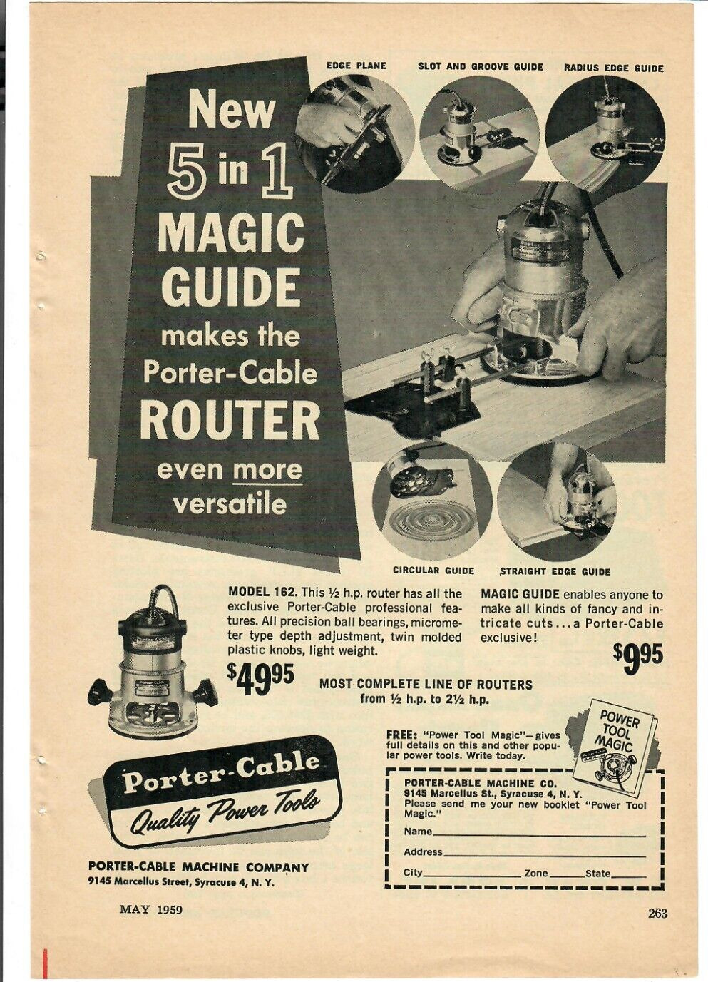 1959 Porter Cable Vintage Print Ad New 5 In 1 Magic Guide for Router Tool