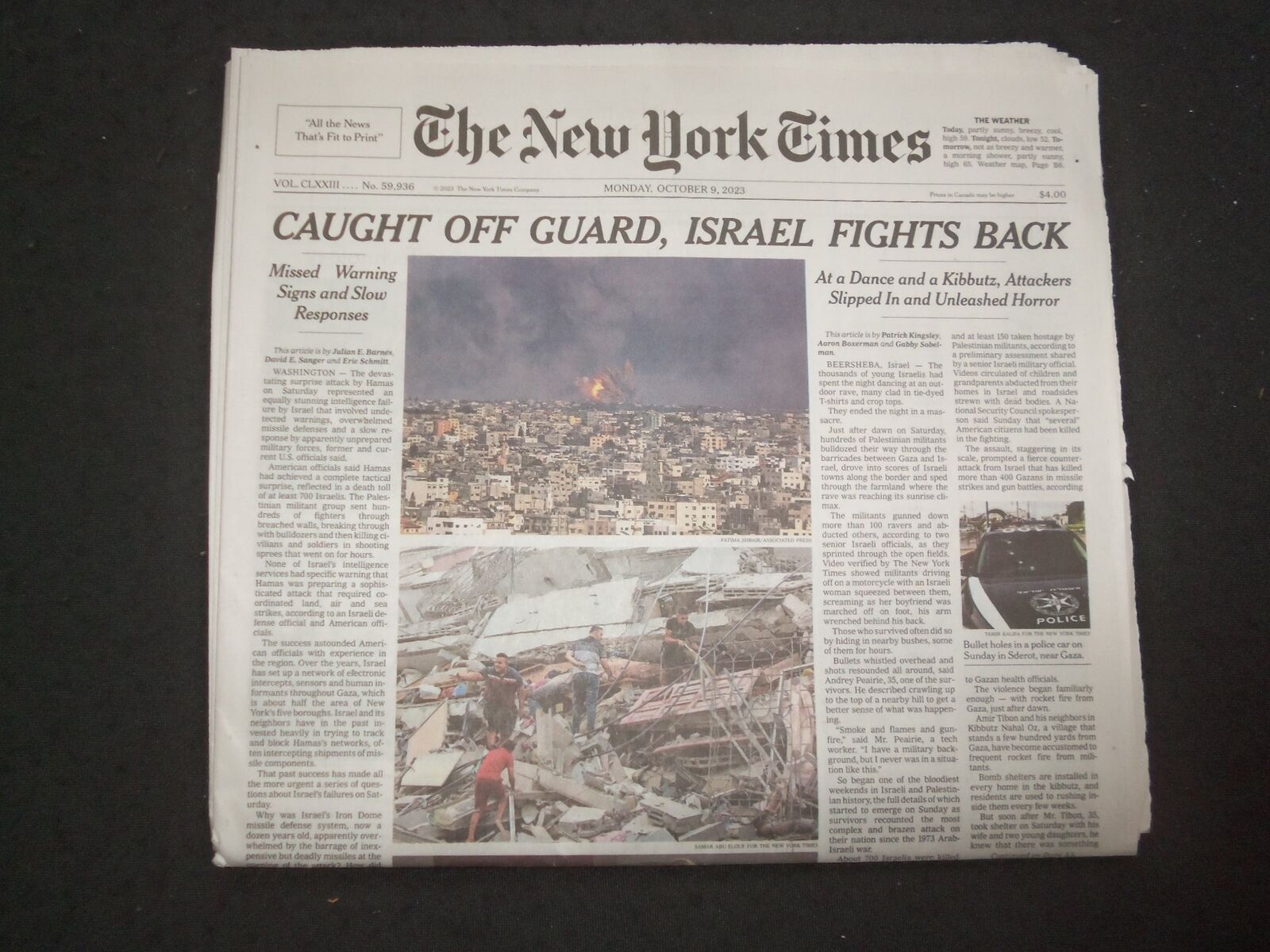 2023 OCTOBER 9 NEW YORK TIMES - CUAGHT OFF GUARD, ISRAEL FIGHTS BACK