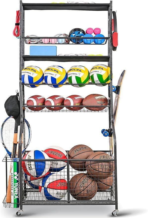 Equipment Garage Organizer,Garage Ball Storage for Sports Gear and Toys, Rolling