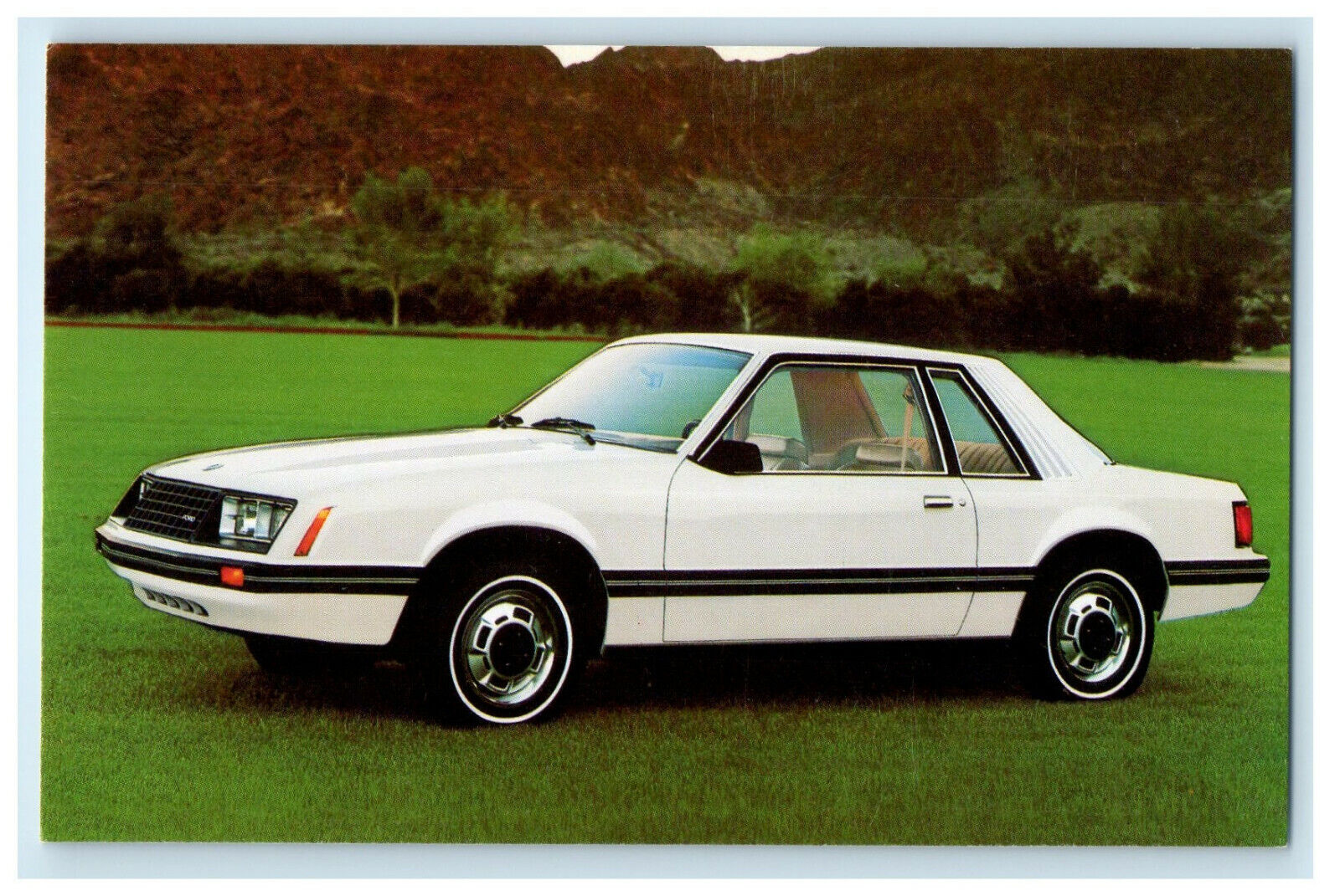 1979 White Mustang (With Sport Option) Mountains and Trees in the Back Postcard