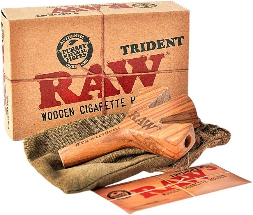 Raw Triple Wooden Cigarette Holder Trident Brown Knotwood
