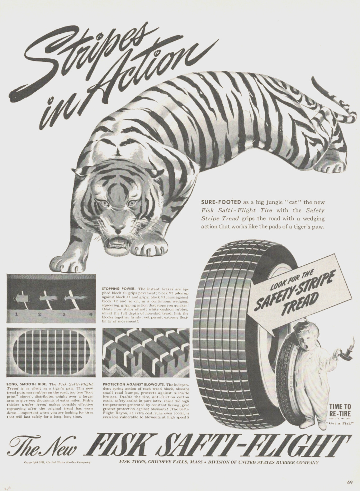 1941 FISK TIRES vintage print ad Chicopee Falls Massachusetts tiger auto car L7
