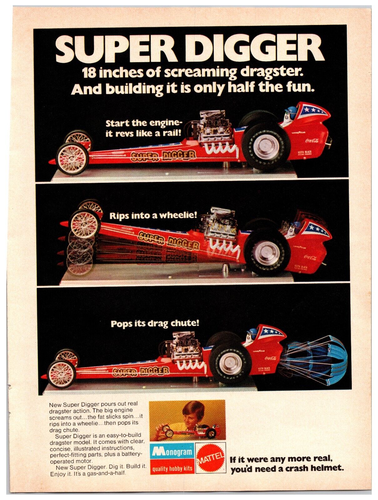 Vintage 1971 Mattel Monogram Super Digger Dragster Toy -Original Print Ad (8x11)