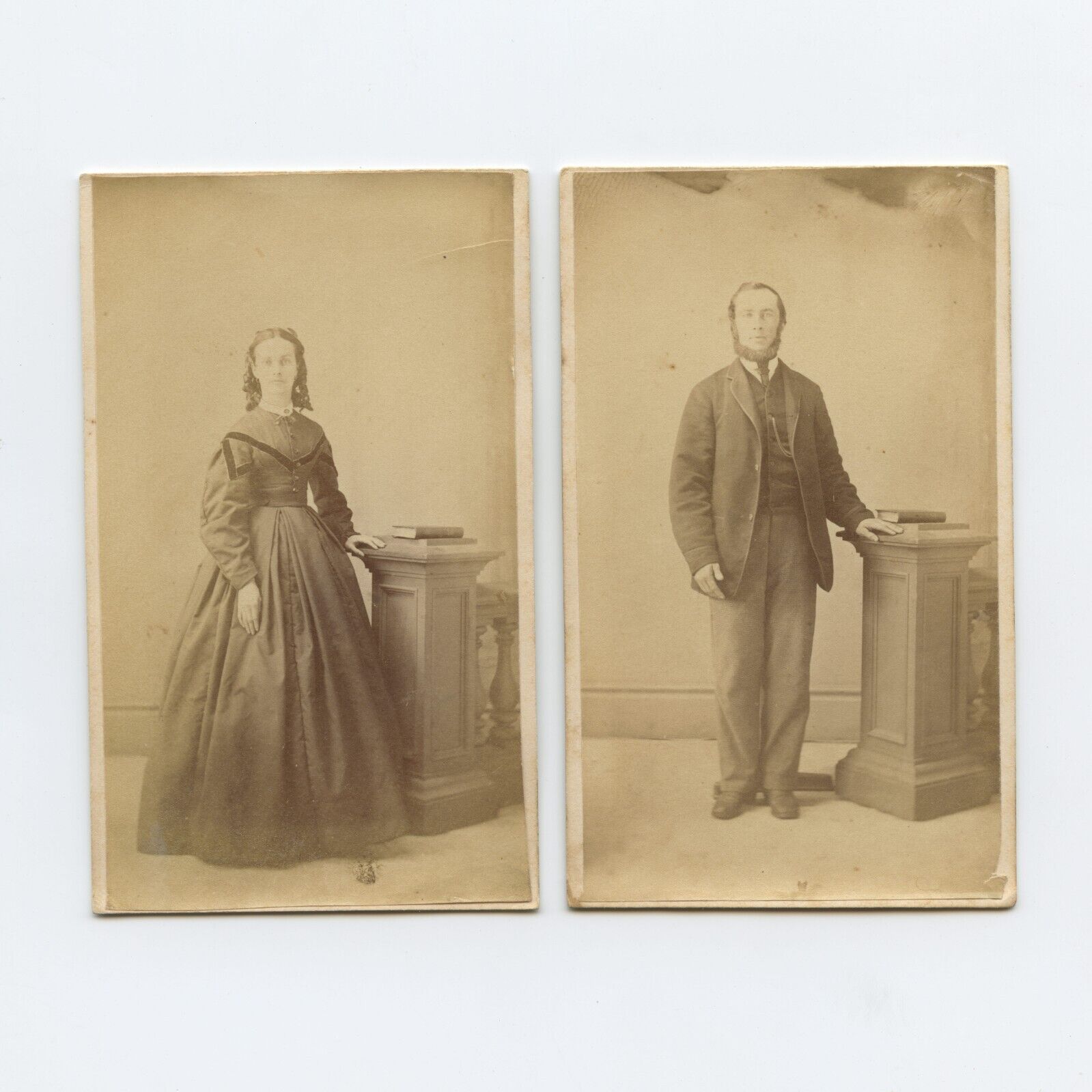 2 Antique CDV Circa 1860s Photographs of Man & Woman Portraits Full Body