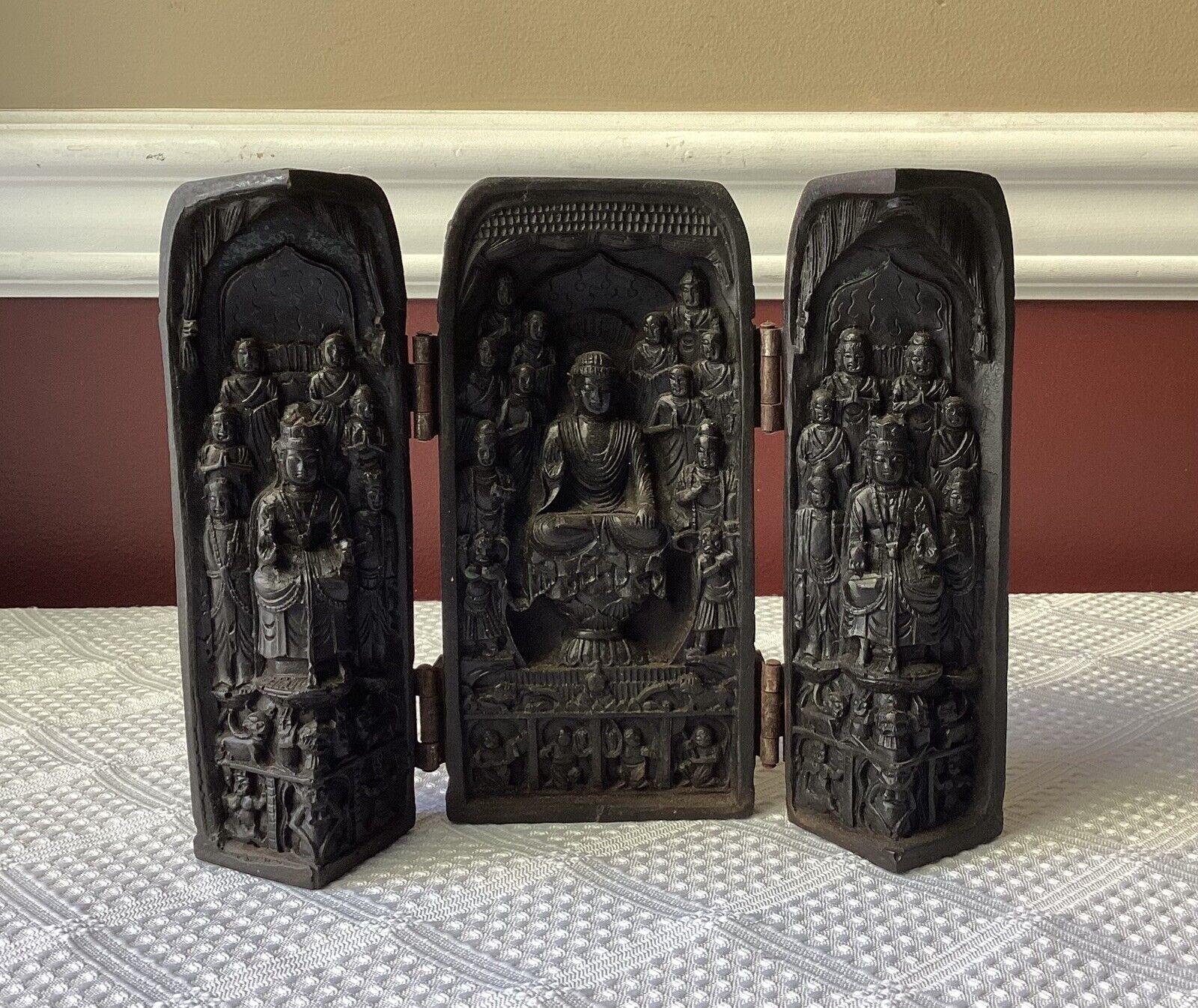 Antique Chinese Buddhist Highly Detailed Carved Wooden Travel Triptych, Marked