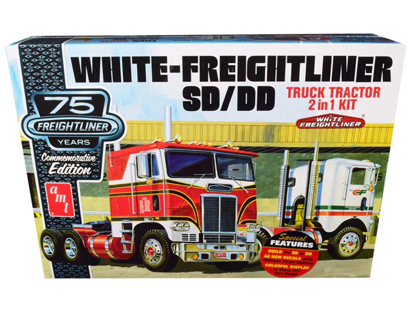 Skill 3 Model Kit White Freightliner SD/DD Truck Tractor 2-in-1 Kit with Display