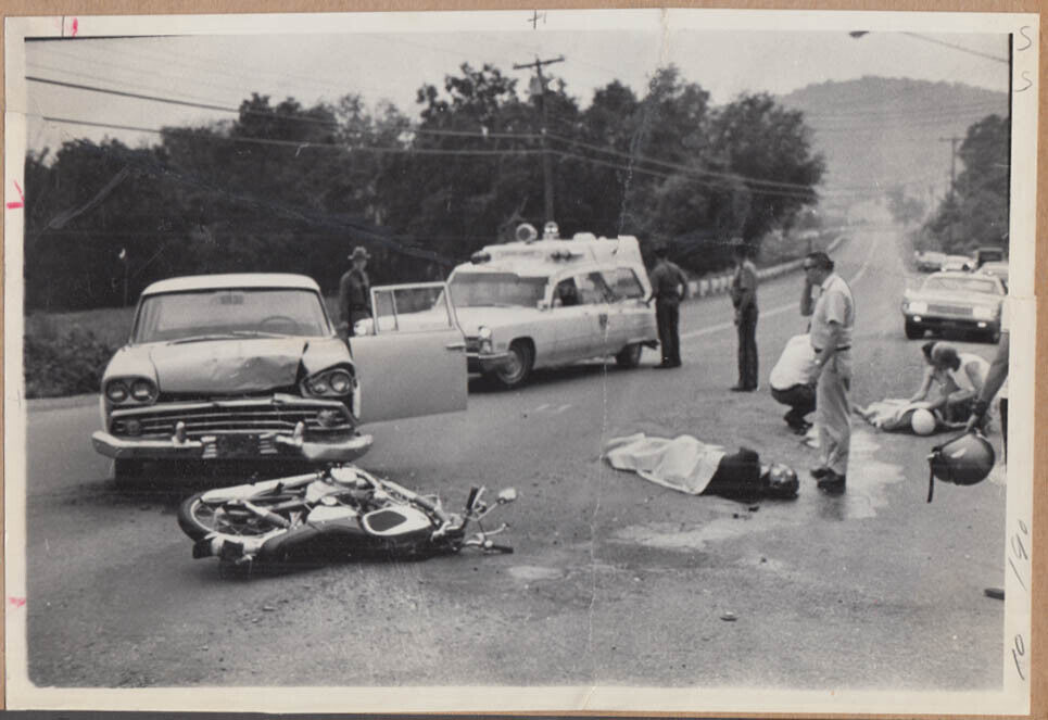 1959 Rambler vs motorcycle car wreck photo Cadillac Ambulance