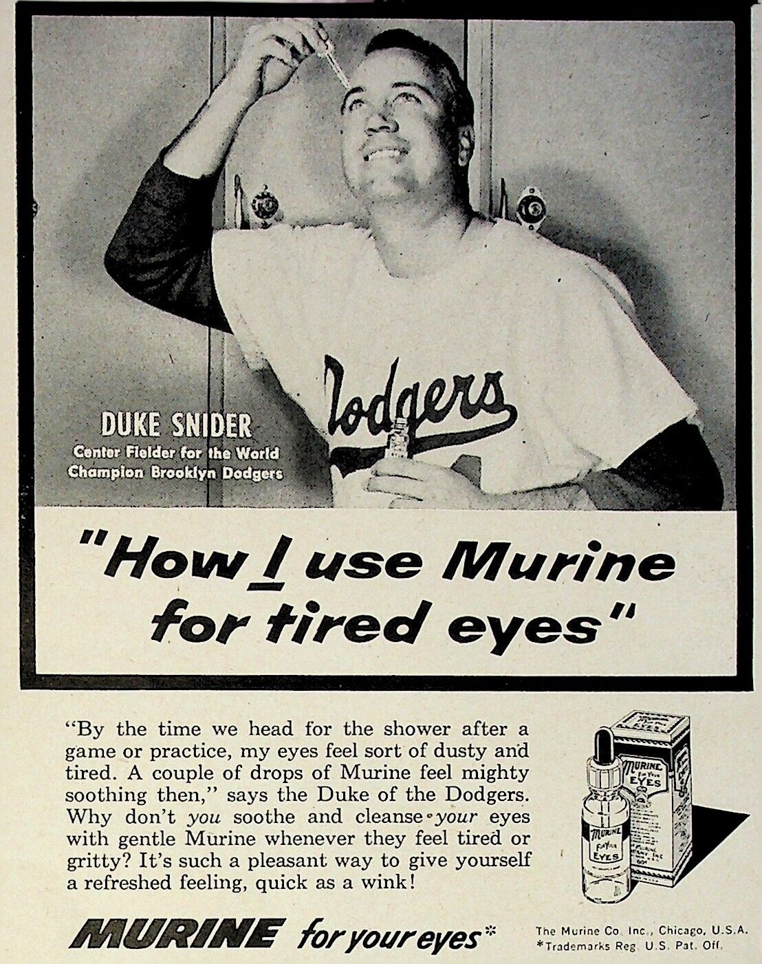 1956 Murine Eye Drops Duke Snider Brooklyn Dodgers Vintage Print Ad