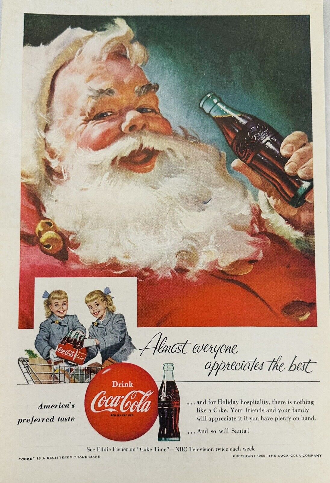 Vtg. Print Ad 1955 Coca Cola Santa  Drinking Coke Bottle Kids Shopping Cart NG