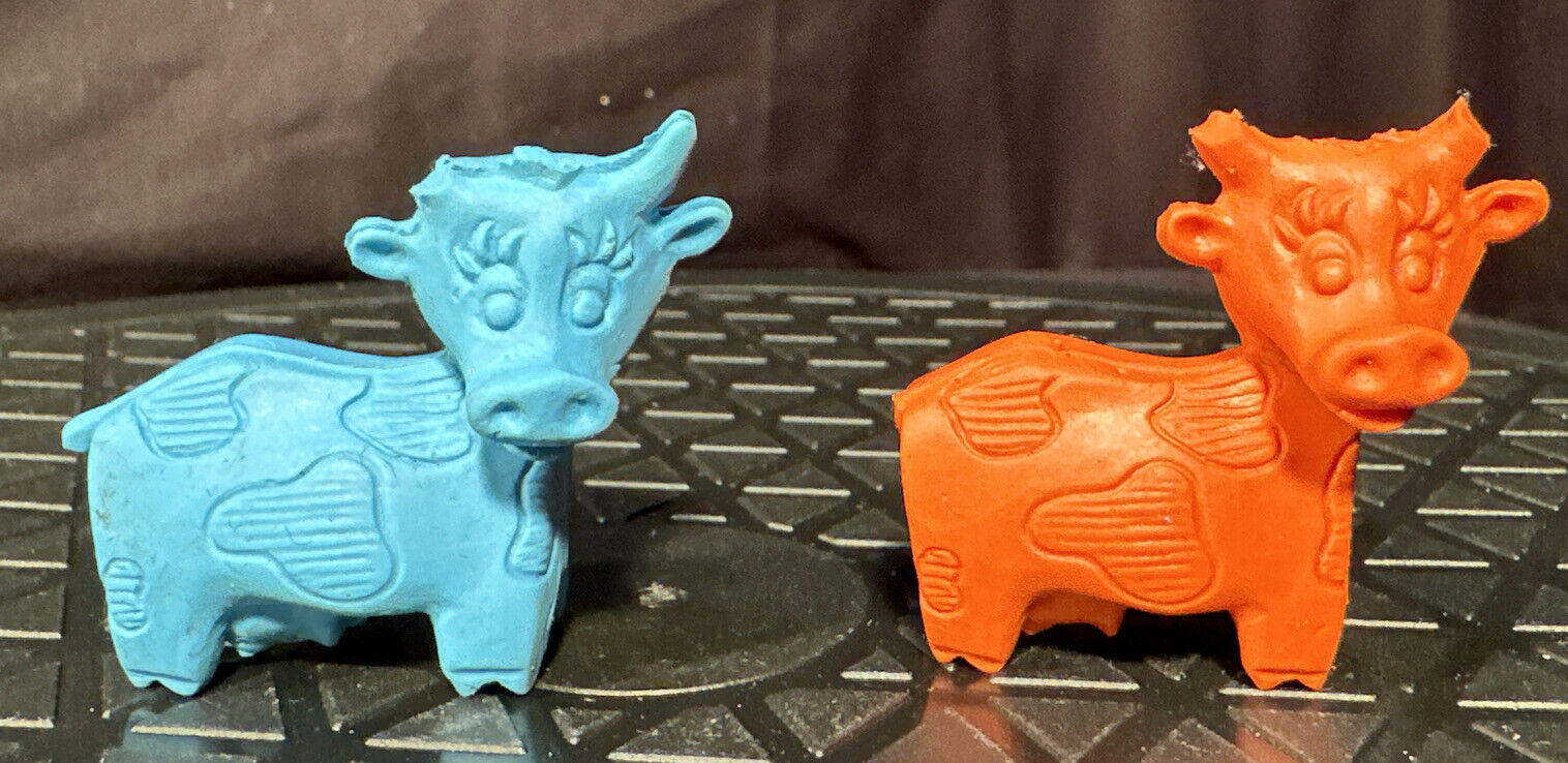 Vintage DIENER ERASER -- Blue & Orange COW -- ITTY BITTYS CHARM ANIMAL