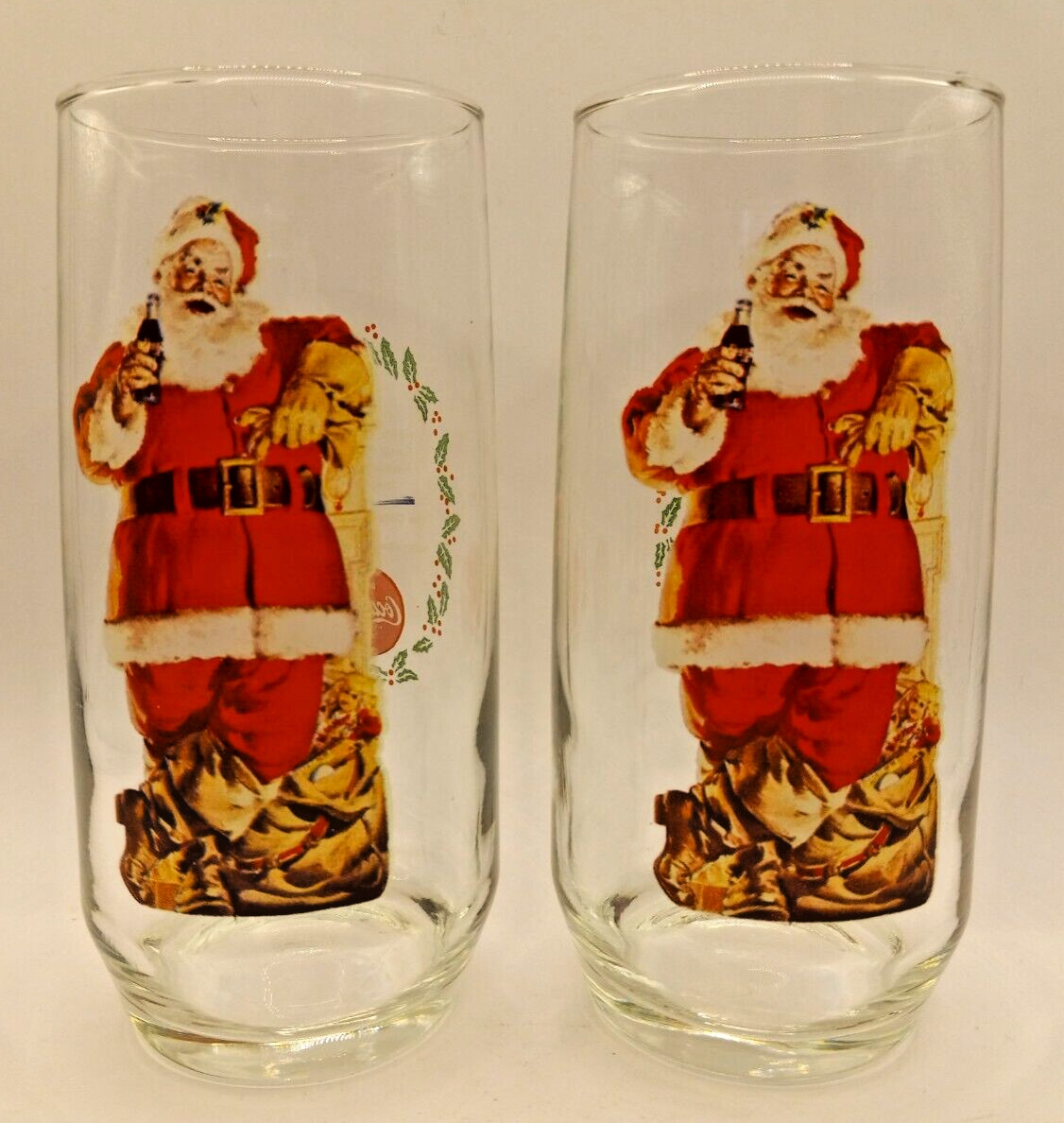 Vintage Coca Cola Santa Christmas Glass Haddon Sundblom Santa Claus set of 2