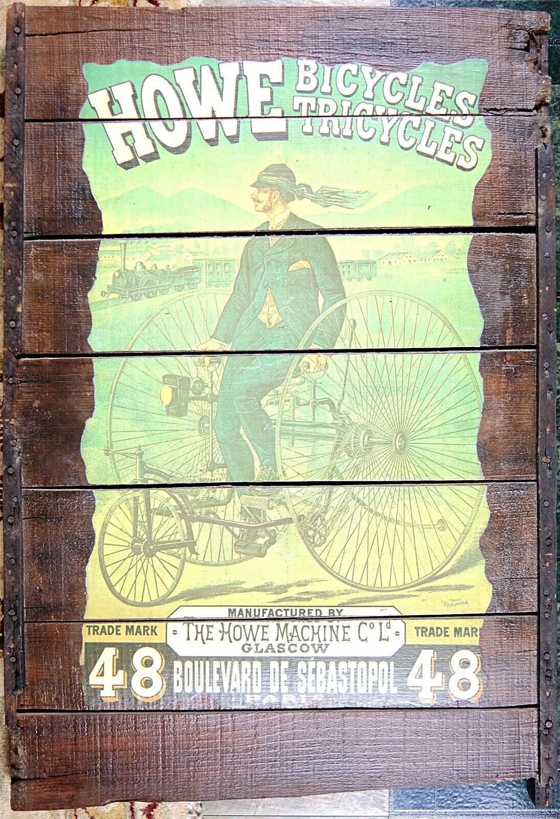 Howe Bicycles Tricycles Antique 1885 Advertising Poster on Antique Wood Panel