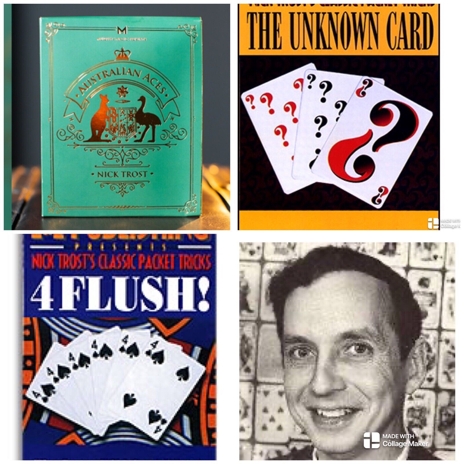 3 Pack Nick Trost\'s Card Magic-Australian Aces, The Unknown Card, 4 Flush NEW
