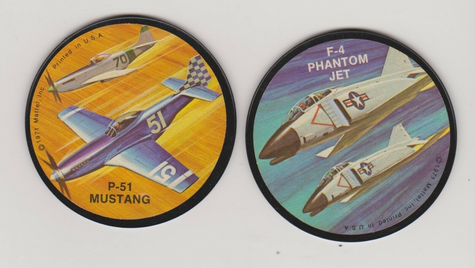 Lot of two 1971 Mattel Instant Replay Racing Discs P-51 Mustang F-4 Phantom Jet 