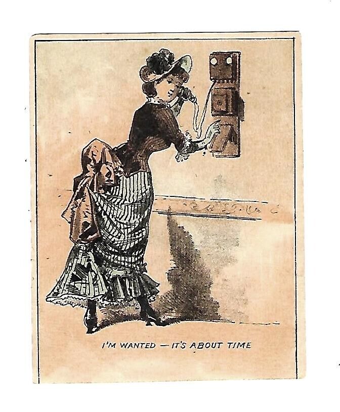 c1890 Victorian Trade Card Our Creat Half Price Sale, Lady Talking on Phone