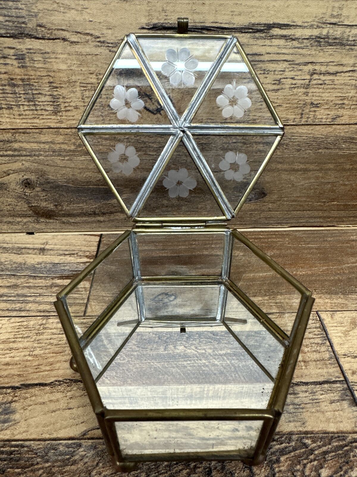 Vintage Brass GLASS Mirror Hexagonal Trinket Sewing Display Case Holder Box