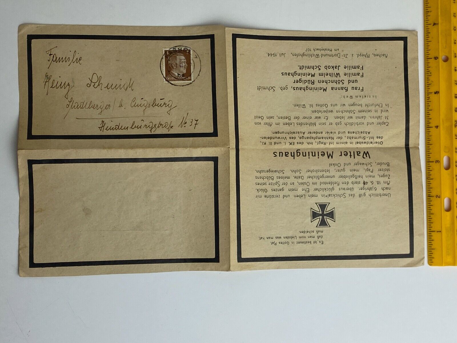 1944 German Death Announcement Walter Meininghaus Note WWII Notices