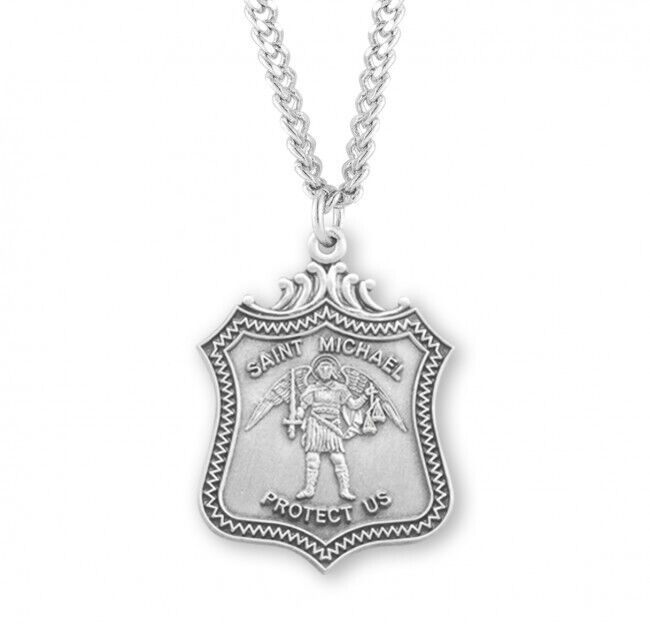 Ornate St Michael Sterling Silver Badge Shape Medal Necklace for Men 24 In