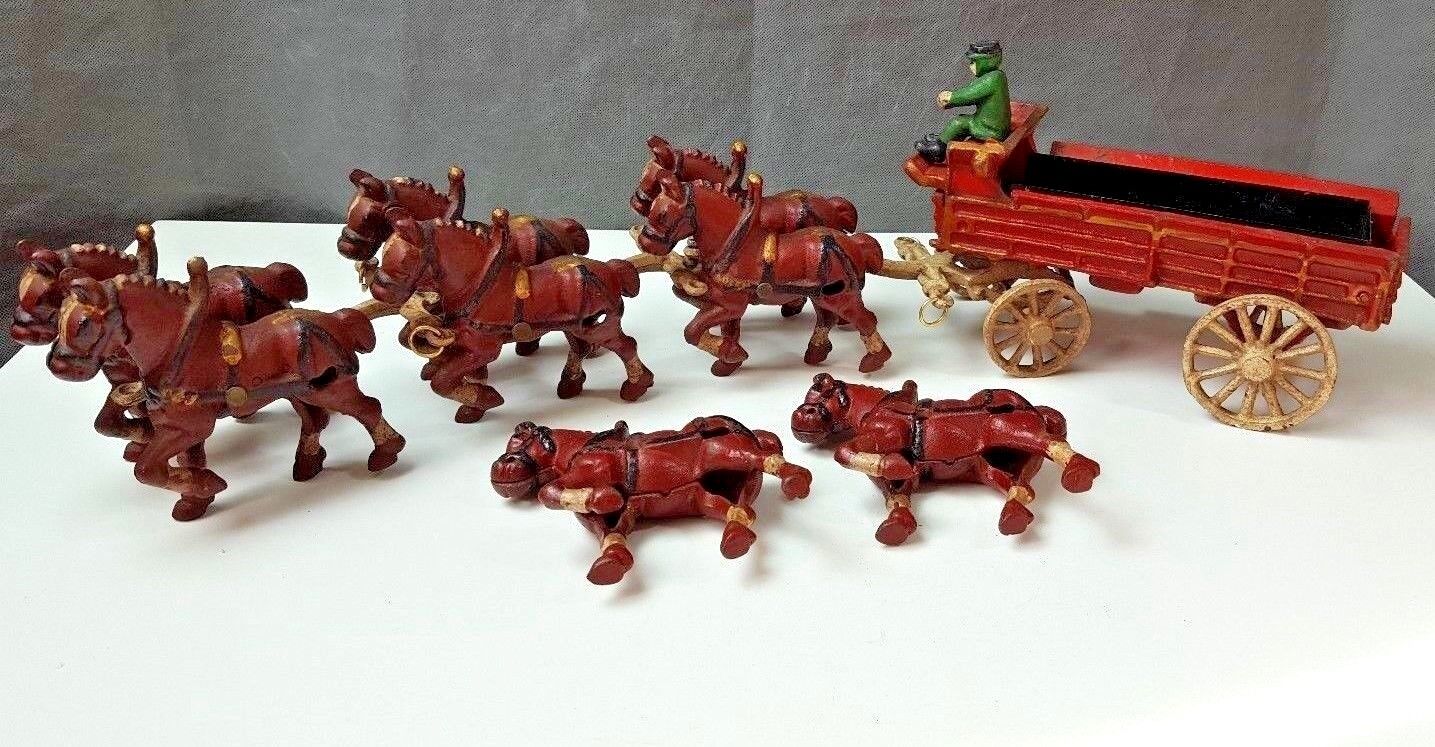 Vintage Cast Iron Horse & Beer Wagon with 8 horses 1 man 618-brcf