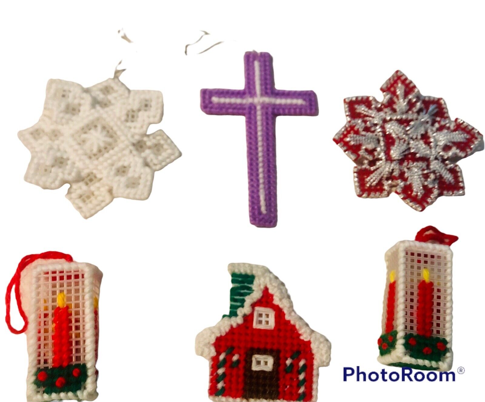 Lot of 6 Vintage Christmas Ornaments Plastic Canvas Yarn Snowflake Candles Cross