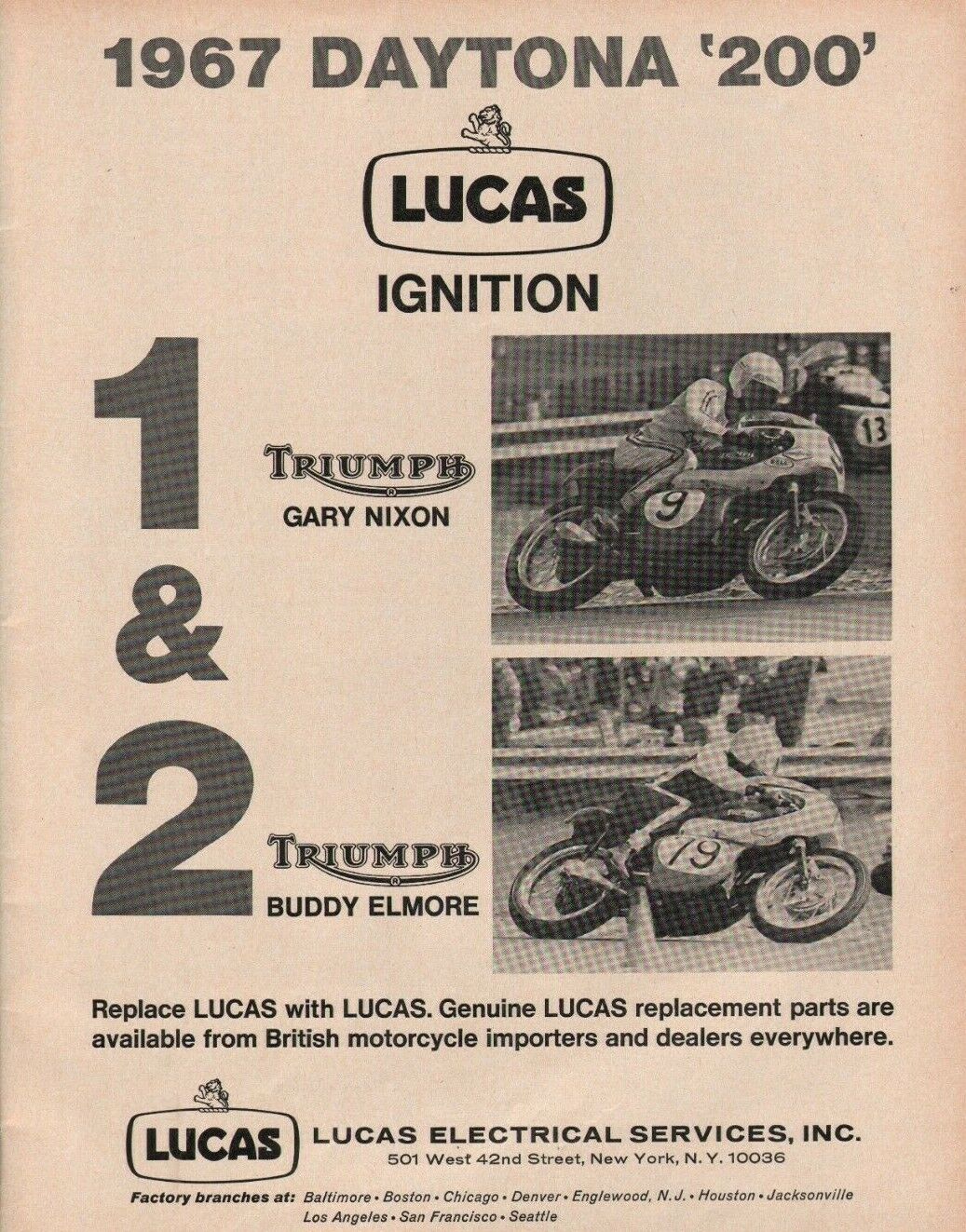 1967 Daytona 200 - Gary Nixon, Buddy Elmore Lucas Ignition Vintage Motorcycle Ad