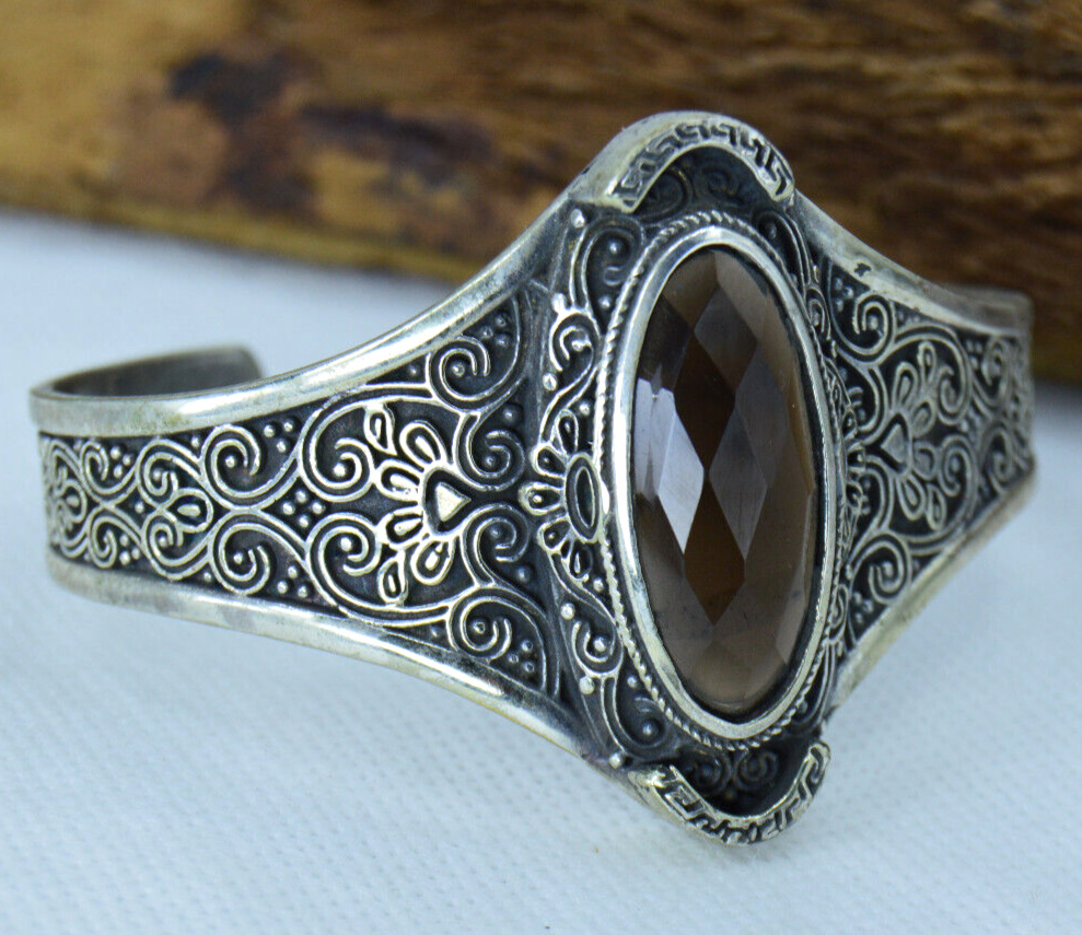 Ancient Antique Victorian Silver Bracelet Cuff With Natural Brown Stone Amazing