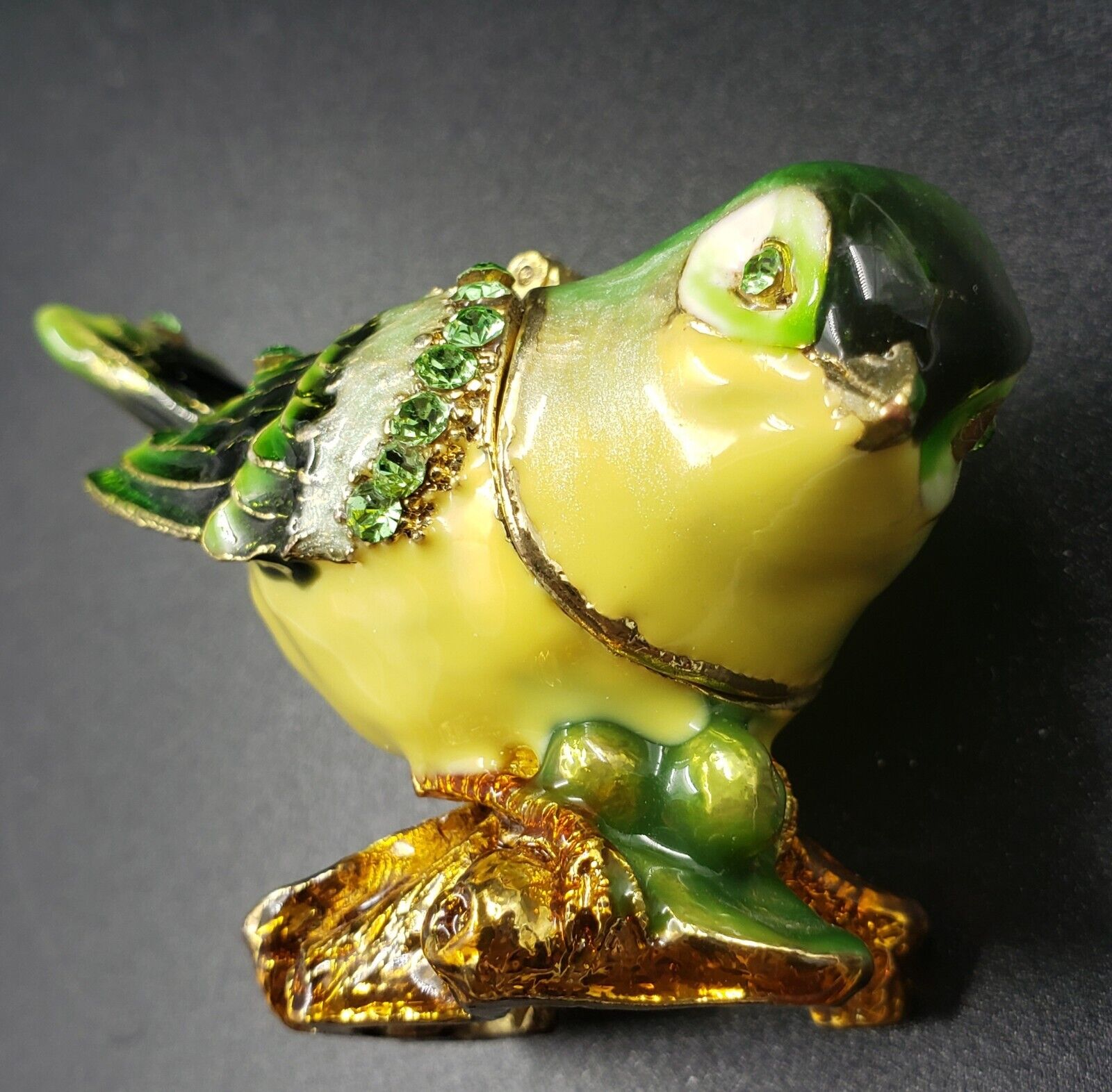 Figural Green Finch Sparkling Rhinestone & Enamel Bird Trinket Box Very Sweet 