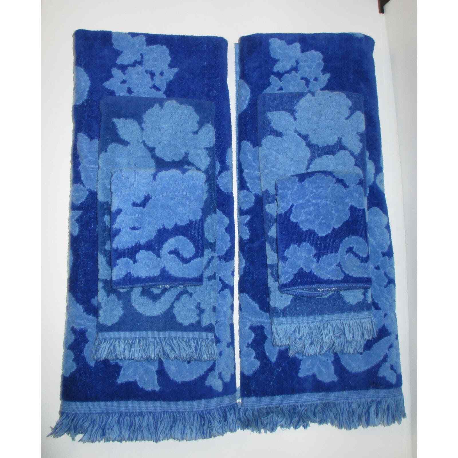 6 pc Vtg 70s Mid-Century Modern Cannon Monticello Blue Two Tone Floral Towel Set