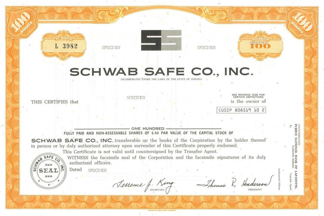Schwab Safe Co, Inc. - Specimen Stock Certificate - Specimen Stocks & Bonds