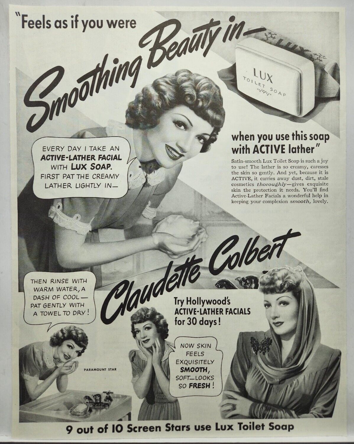 1942 Lux Soap Claudette Colbert Vintage Print Ad Man Cave Poster Art 40\'s