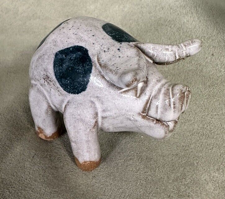 Studio Art Pottery Clay Pig Figure Glazed Grey W Blue Spots Cutest You’ll See