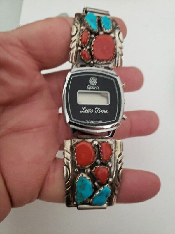 Old Pawn Wayne C Navajo Sterling Silver Turquoise & Red Coral Watch Tips