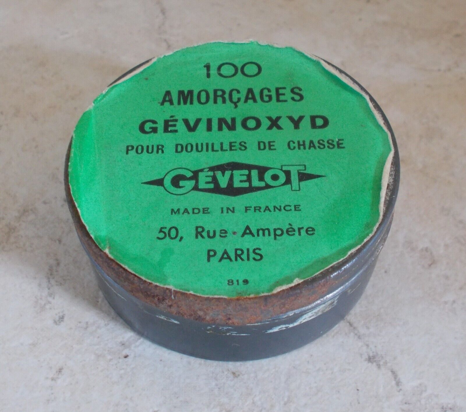 Vtg 100 cartridges tin box GEVELOT green France french antique vintage weapon