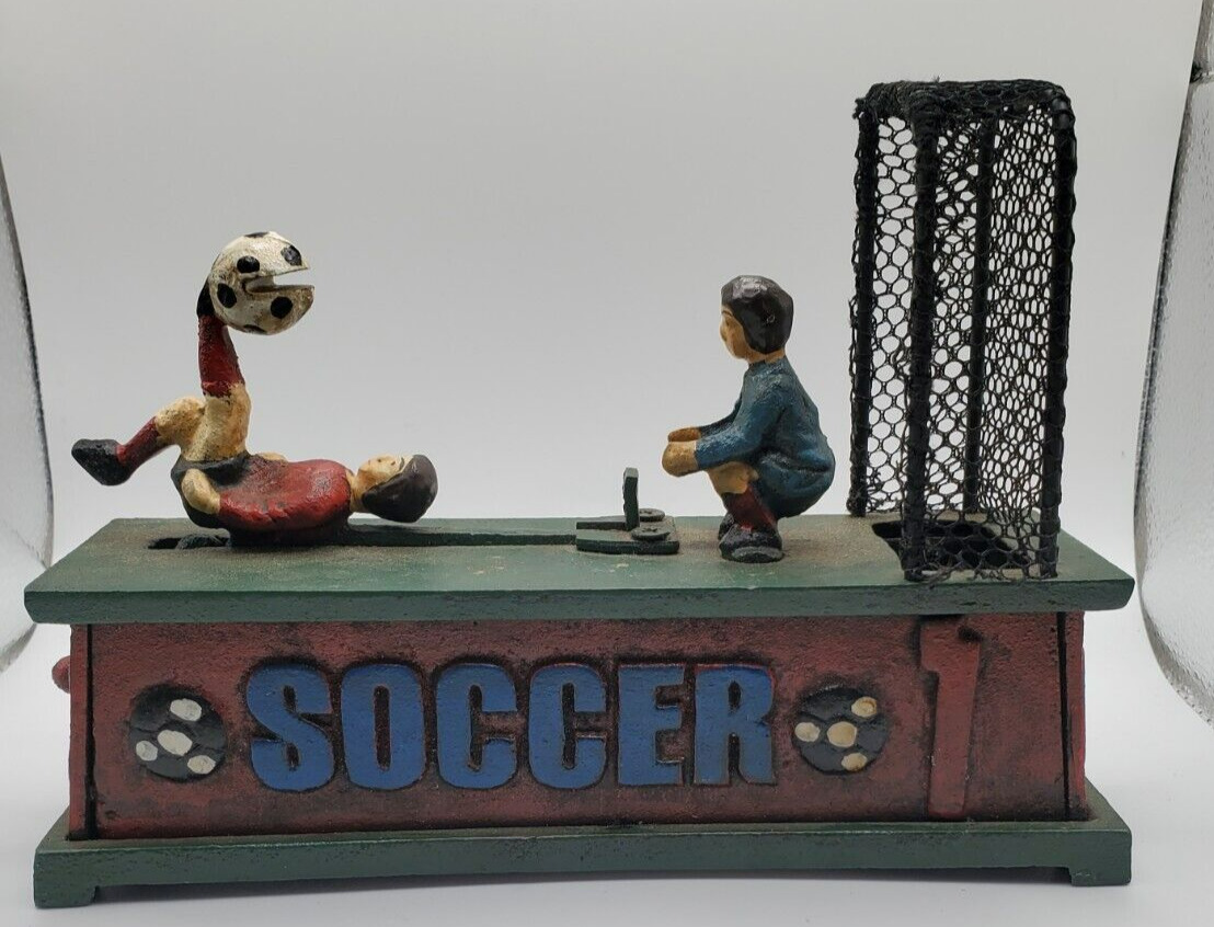 Vintage Soccer/Football Mechanical Cast Iron Coin Bank Works (T-1)