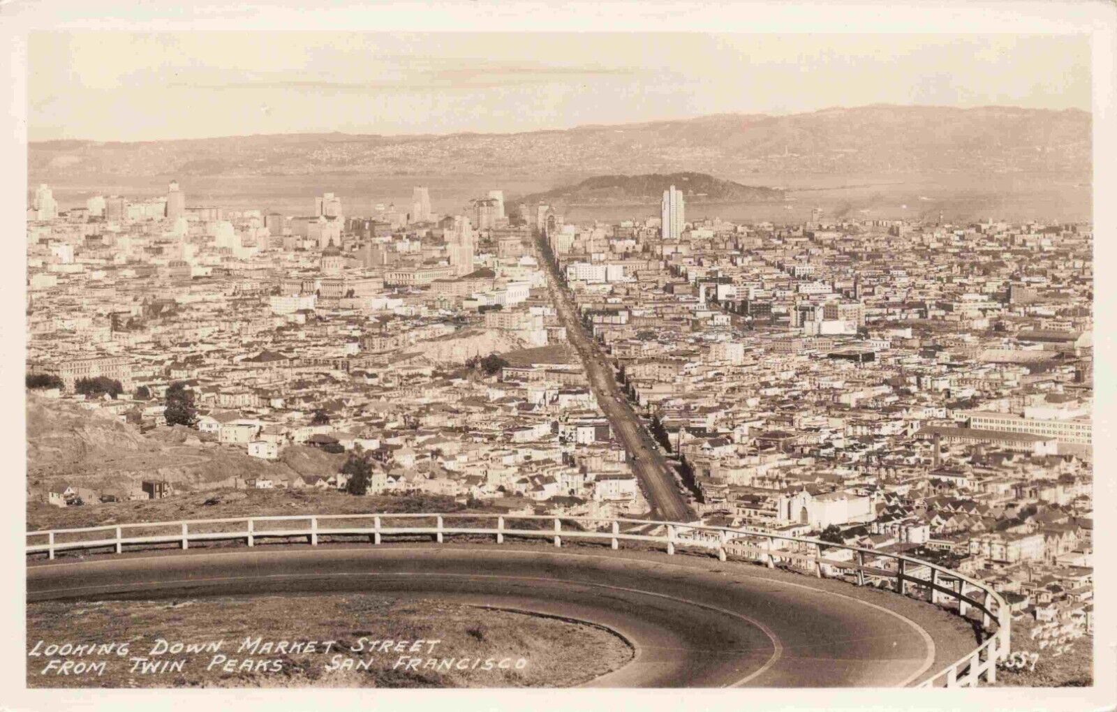  San Francisco & Bay View from Twin Peaks Down Market Street 1940s Postcard RPPC