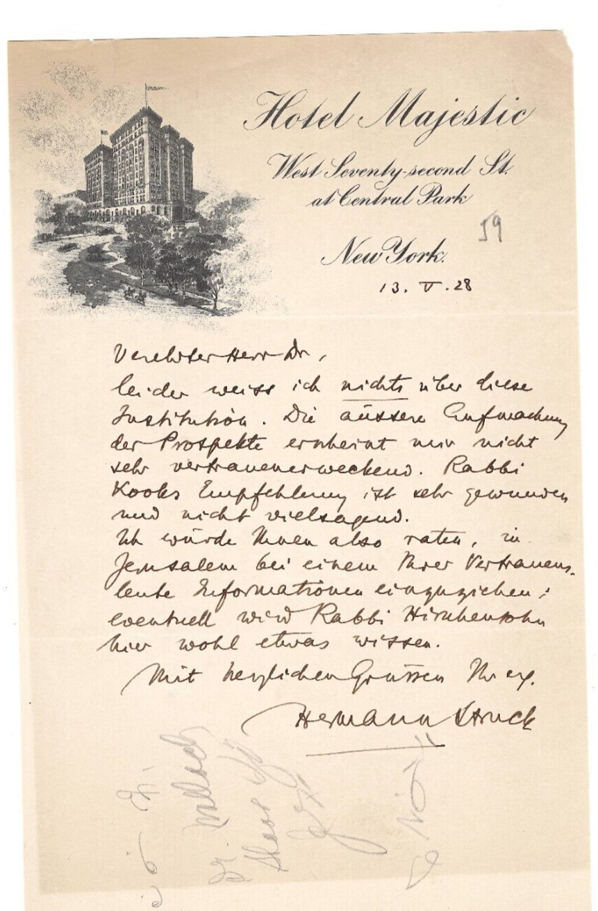Letter of World Famous Jewish German artist Herman struck while in New York 1928