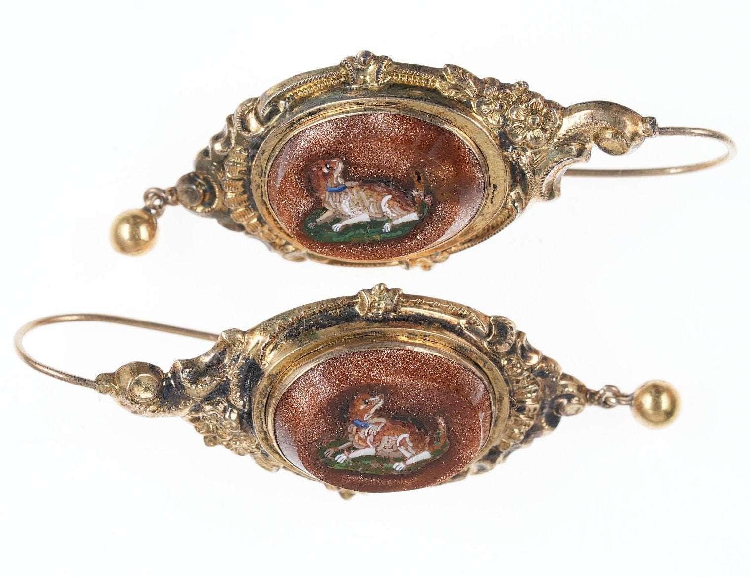 c1890 Victorian 14k Micro-Mosaic Dog earrings