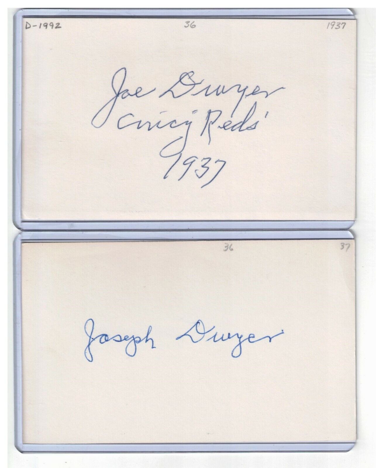 (2) JOE DWYER INDEX CARD SIGNED 1937 CINCINNATI REDS PSA/DNA CERTIFIED 1903-1992