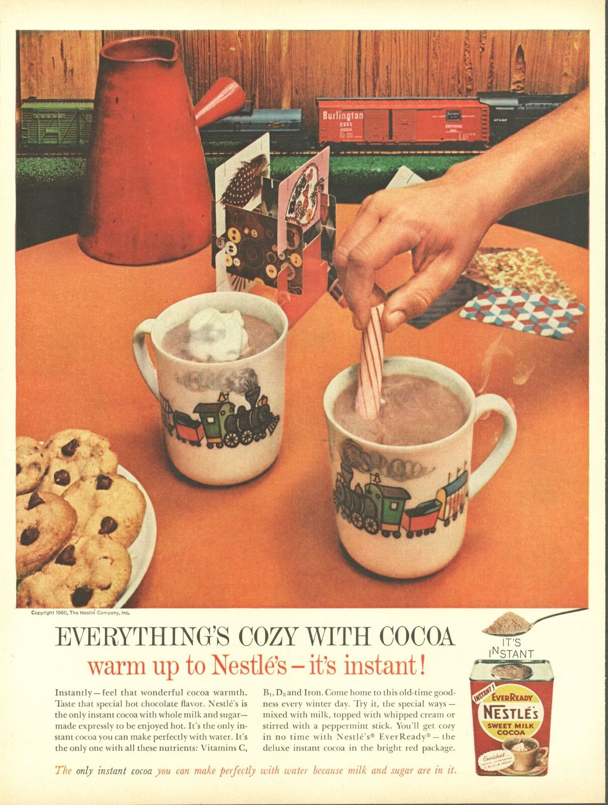 1961 Nestle\'s Sweet Milk Hot Cocoa Mix Vintage Print Ad Model Railroad Train Car