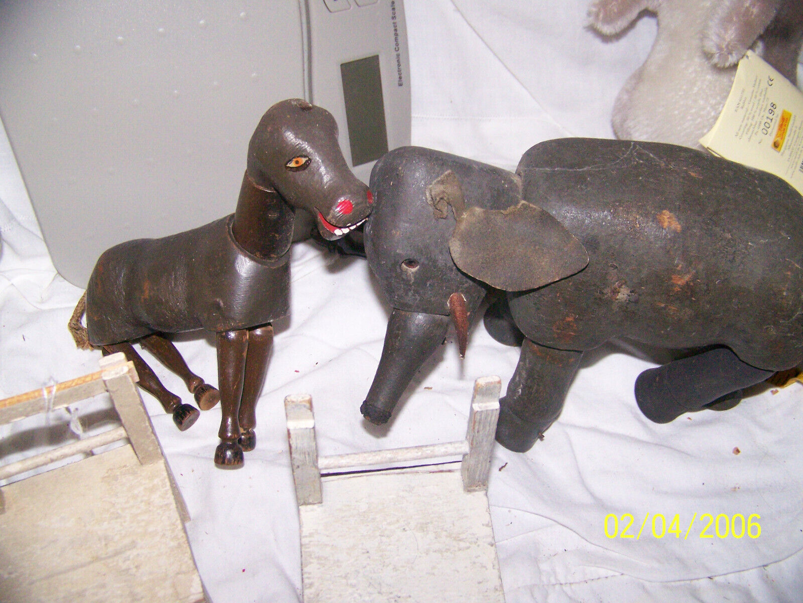 Schoenhut animals glass eyed elephant donkey and 2 chairs