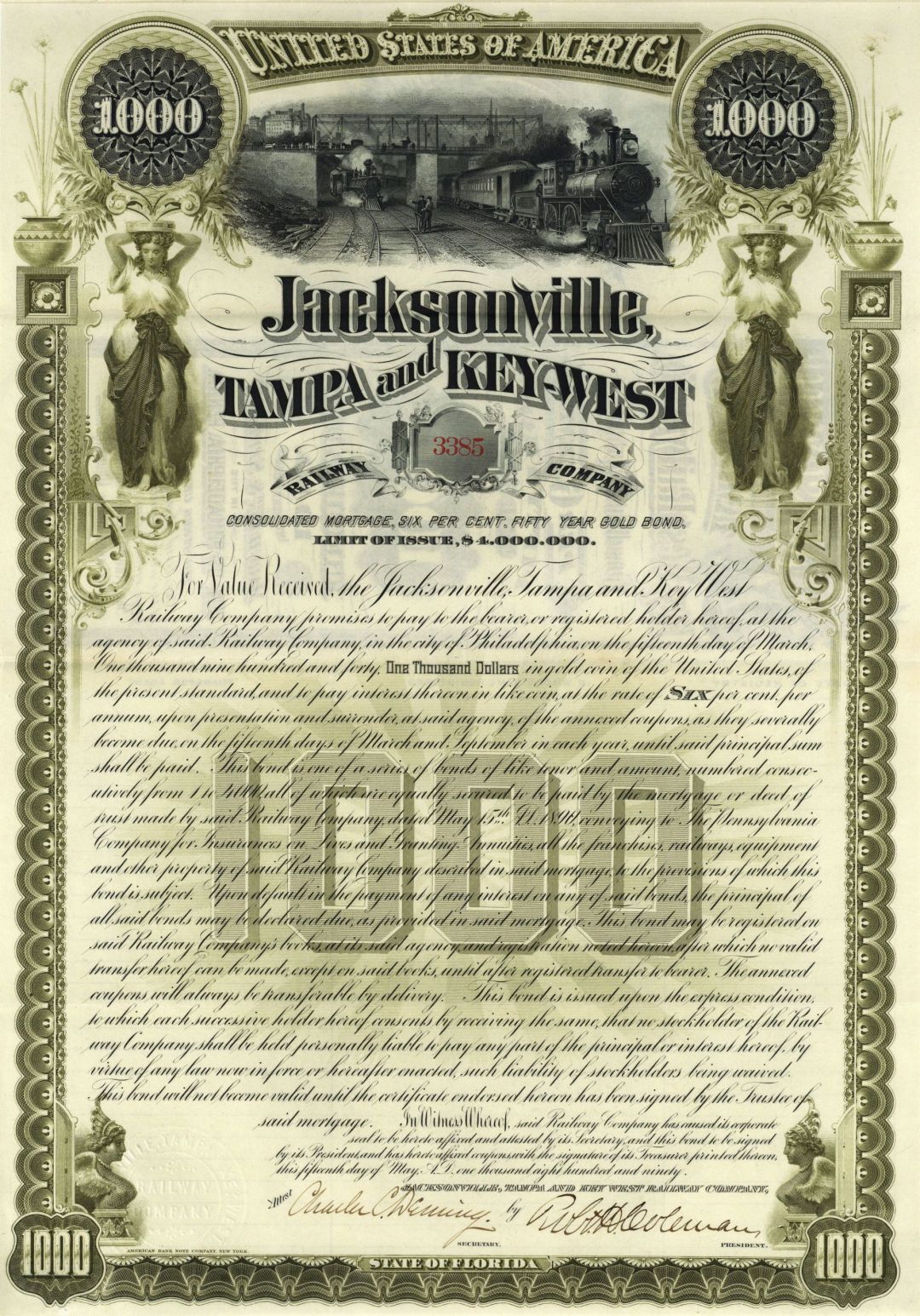 Jacksonville, Tampa and Key-West Railway - 1890 dated $1,000 6% 50 Year Gold Bon