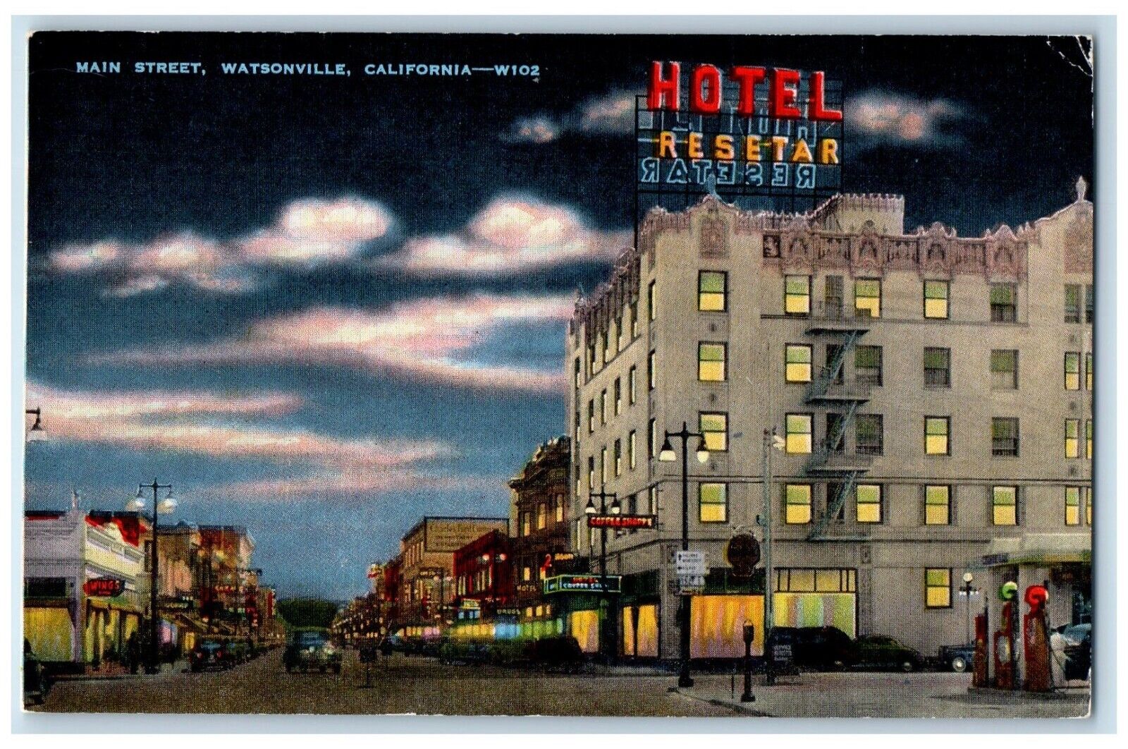 c1940 Night Scene Main Street Watsonville California Vintage Antique CA Postcard