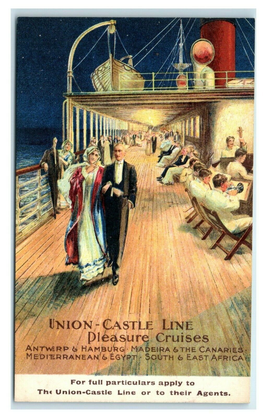Postcard Union-Castle Line Pleasure Cruises, colorful deck scene night stars U76