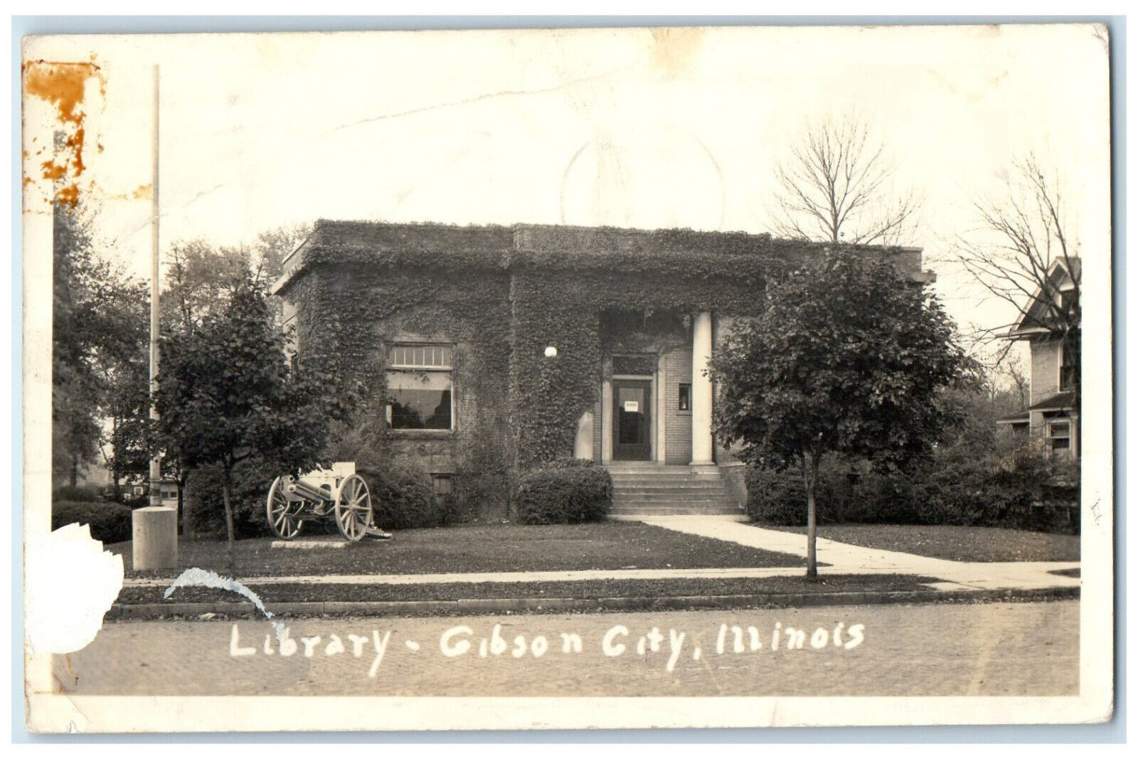 Gibson City Illinois IL RPPC Photo Postcard Library Building Cannon 1937
